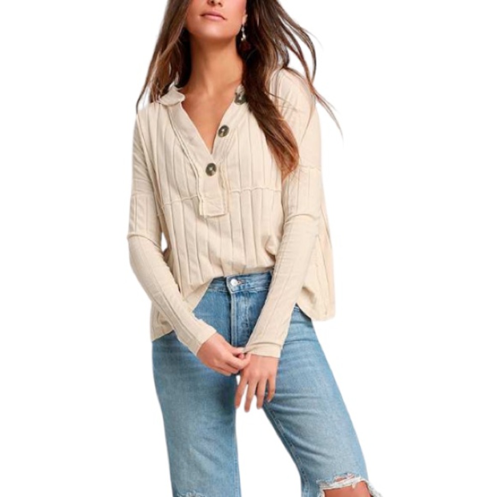 Free People In The Mix Ivory Ribbed Long Sleeve Top